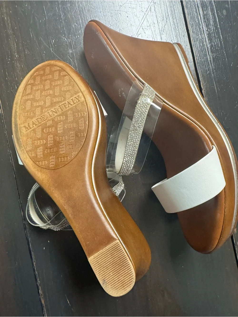 Clear Rhinestone and White Strap Brown Wedge Sandals